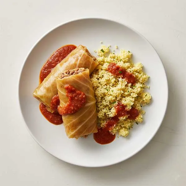Lebanese-Style Malfouf With Zesty Lemon Couscous & Spiced Tomato Coulis